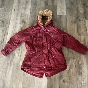1X plus size womens burgundy winter jacket fuzzy brown hood lining sinched waist